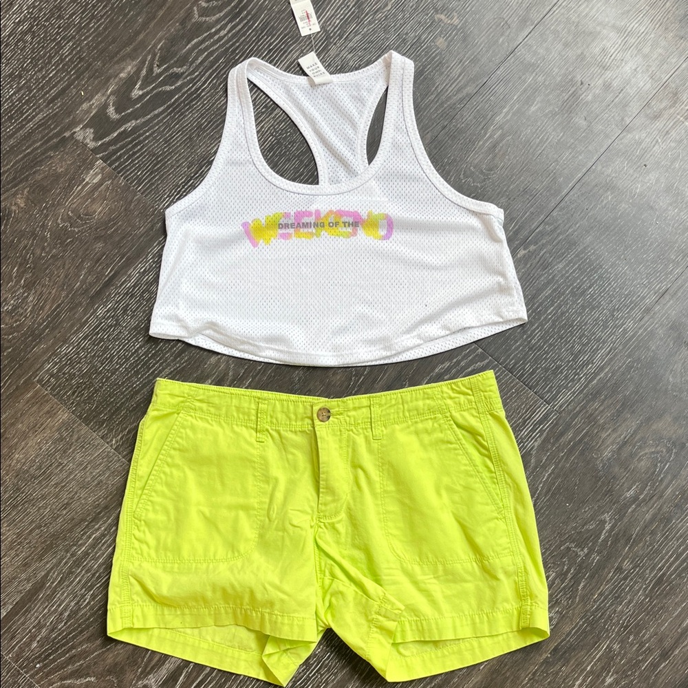 White Mesh Crop Top and Old Navy Neon Yellow Shorts Set
